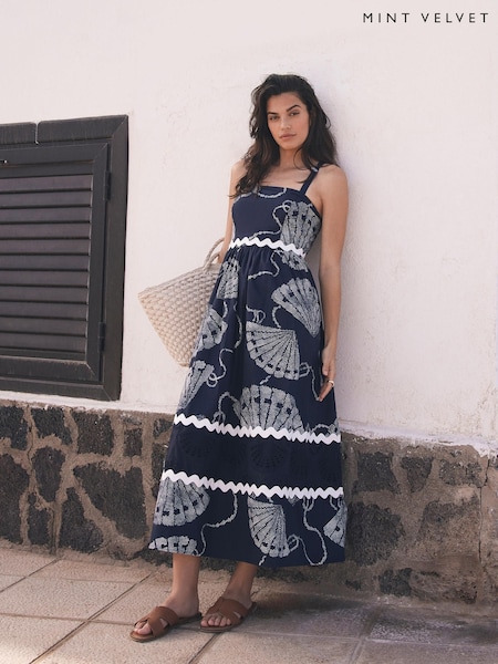 Mint Velvet Blue Shell Print 100% Cotton Maxi Dress (H42443) | €179