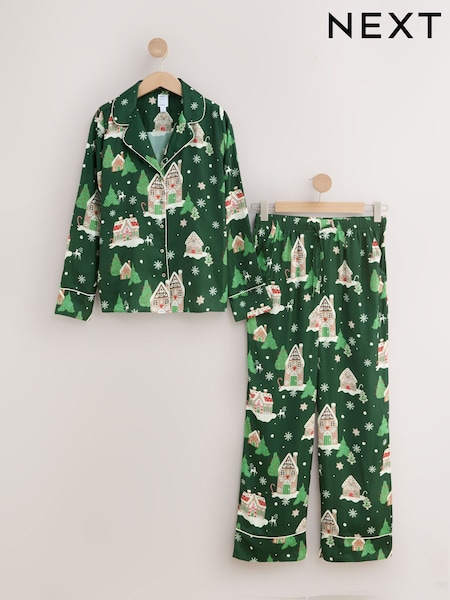 Green Gingerbread Satin Button Through Christmas House Pyjamas (H42498) | € 67