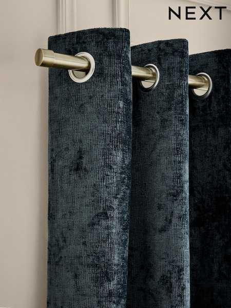 Navy Blue Plush Chenille Blackout/Thermal Eyelet Curtains (H42652) | €88 - €190