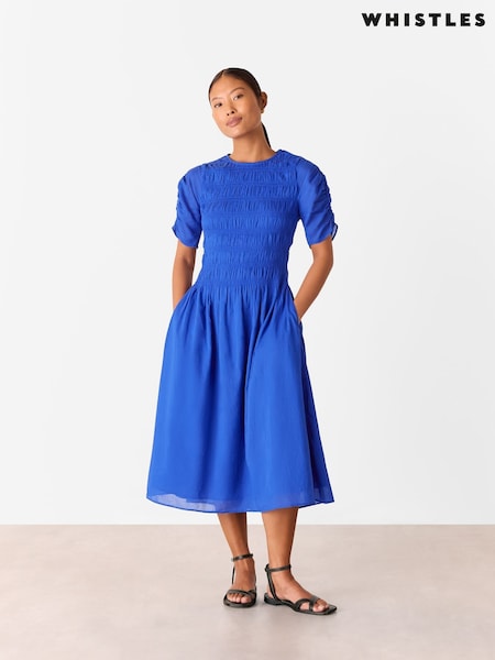 Whistles Blue 100% Cotton Petite Avery Smocked Dress (H42743) | €213
