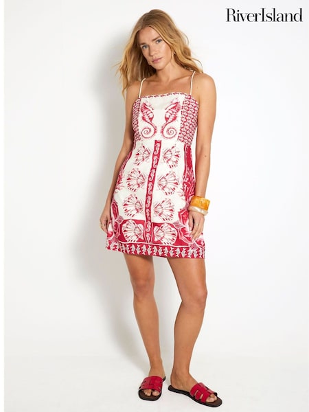 River Island Red 100% Cotton Shell Printed Mini Dress (H42795) | €60