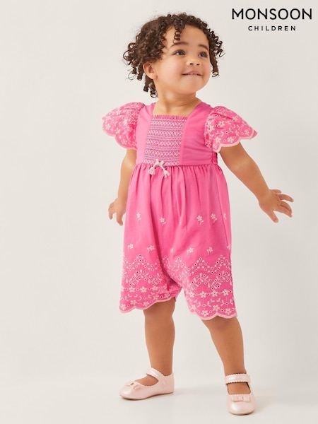 Monsoon Pink Baby Broderie 100% Cotton Romper (H42853) | ₪141 - ₪151