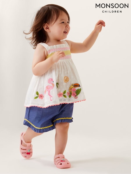Monsoon Natural Baby Flamingo 100% Cotton Top & Shorts Set (H42863) | R$ 275 - R$ 295