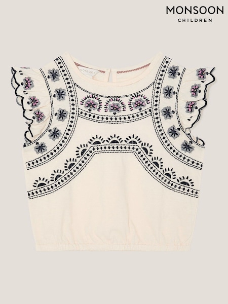 Monsoon Natural 100% Cotton Embroidered Frill T-Shirt (H42866) | €24 - €29