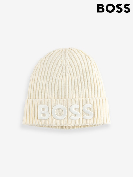BOSS White Lara Embroidered Logo Knitted Wool Hat (H43535) | R$ 780