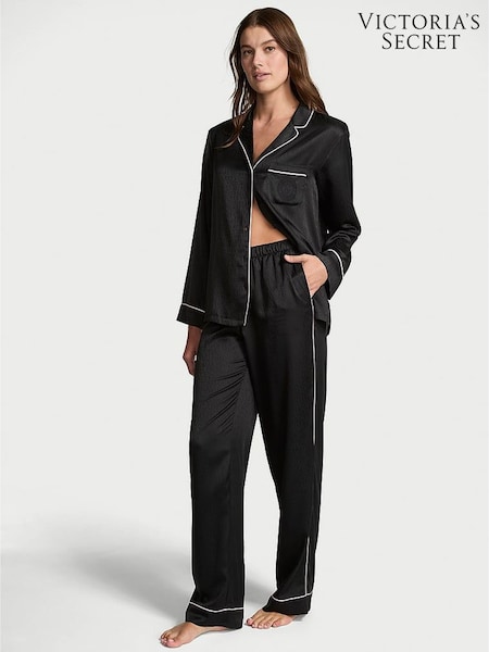 Victoria's Secret Black Logo Jacquard Satin Long Pyjamas Set (H43790) | €79