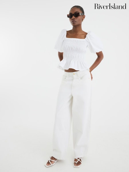 River Island White 100% Cotton Puff Sleeve Shirred Top (H44064) | €45