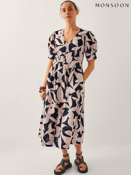 Monsoon Black 100% Cotton Annie Puff-Sleeve Midi Dress (H44066) | €95