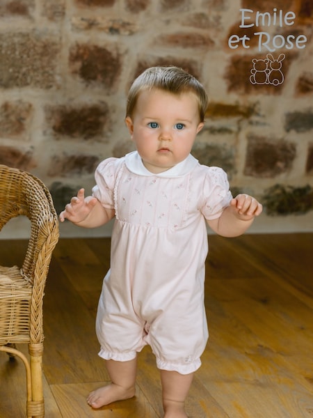 Emile Et Rose Pink Romper With Rosebud Embroidered Inset Yoke (H44090) | 298 LEI