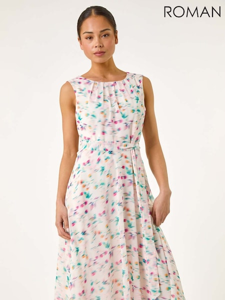 Roman White Petite Abstract Print Pleated Midi Dress (H44256) | R$ 725