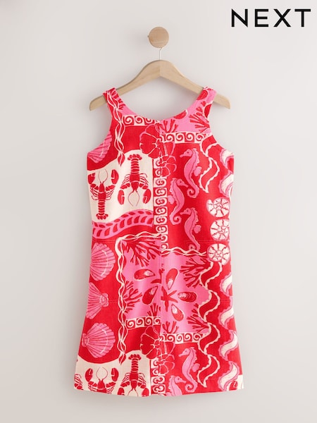 Red Shell Print Scoop Back Mini Shift Dress With Linen (H44287) | R$ 280