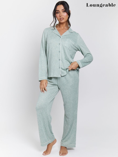 Grün - Loungeable Marl Brushed Rib Long Sleeve Buttoned Pyjamas (H44303) | 53 €