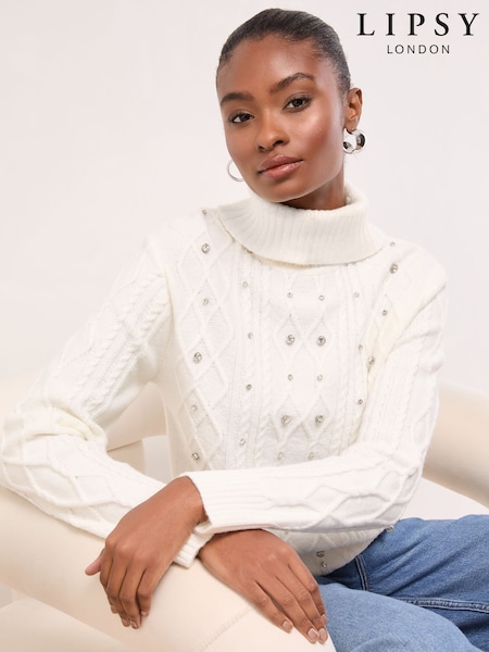 Lipsy Ivory White Embellished Cowl Neck Longline Cable Knitted Jumper (H44564) | €58