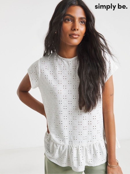 Simply Be White 100% Cotton Broderie Cap Sleeve Peplum Top (H44646) | €36