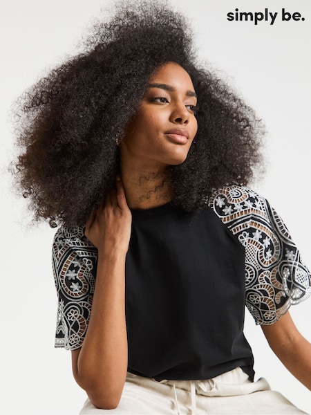 Simply Be 100% Cotton Contrast Broderie Raglan T-Shirt (H44647) | 186 LEI