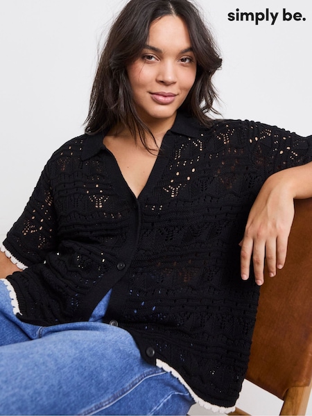 Simply Be Black Pointelle 100% Cotton Collared Top With Contrast Hem (H44656) | €40