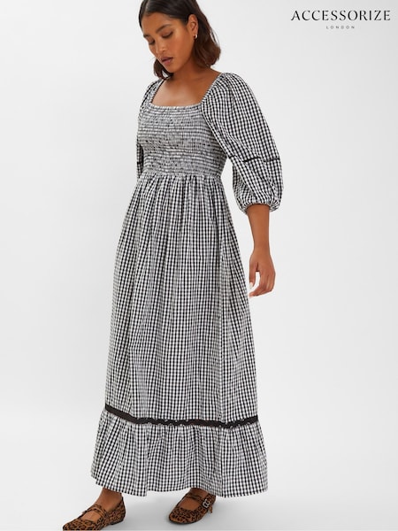 Accessorize Gingham Puff Sleeve Maxi 100% Cotton Dress (H44661) | 447 LEI