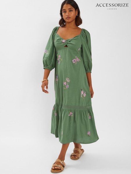 Accessorize Green Jasmine Embroidered Midi 100% Cotton Dress (H44666) | €83