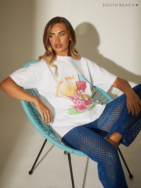 South Beach White Oversized Festival Printed 100% Cotton T-Shirt (H44679) | R$ 255