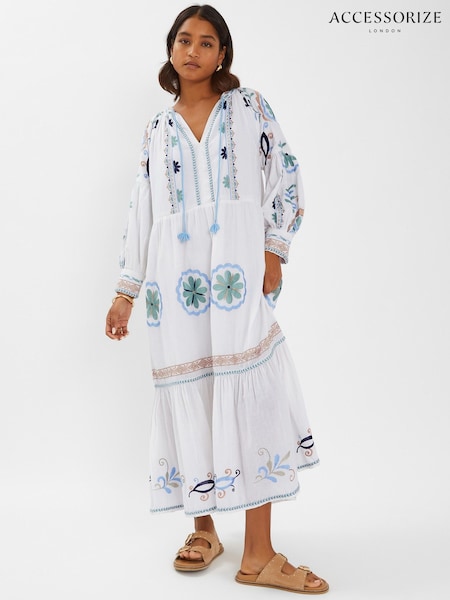 Accessorize White Long-Sleeve Embroidered Maxi Dress (H44682) | €119