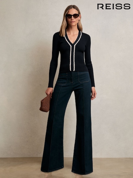 Reiss Navy/White Lauri Craft-Stitch Rib-Knit Top (H44684) | €203