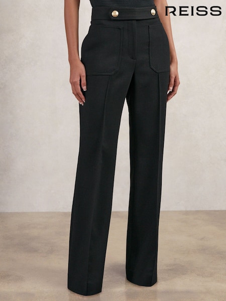 Reiss Black Lily Petite Twill Button-Tab Flared Trousers With Wool (H44706) | AED1,368
