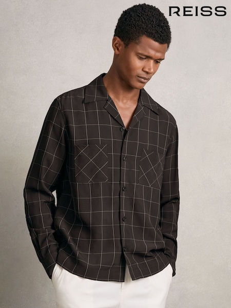 Reiss Dark Brown Simone Windowpane-Check Cuban-Collar Shirt (H44713) | €158