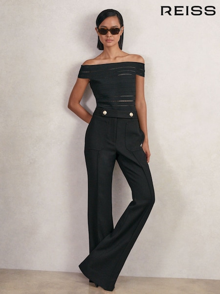 Reiss Black Lily Twill Button-Tab Flared Trousers With Wool (H44715) | AED1,368
