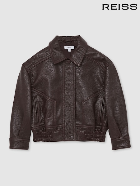 Reiss Burgundy Kiara Oversize Leather Bomber Jacket (H44721) | AED1,390