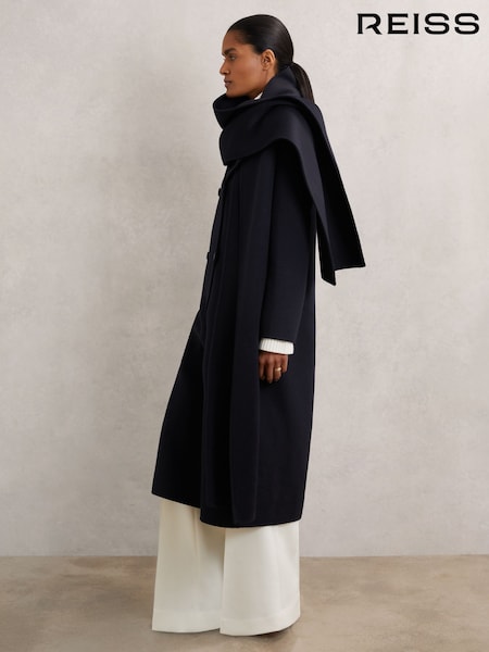 Reiss Navy Indira Petite Wool-Blend Scarf Blindseam Coat (H44748) | €570