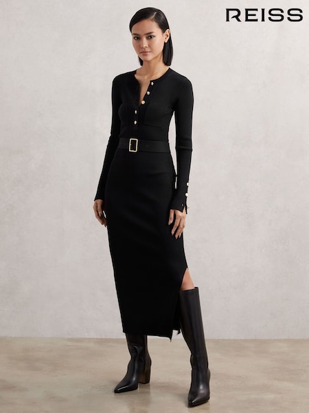 Reiss Black Willow Buttoned Rib-Knit Midi Dress (H44752) | AED1,426