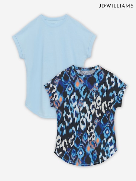 Blue - JD Williams Short Sleeve Curved Hem Longline 100% Cotton Tops 2 Pack (H44821) | 209 LEI
