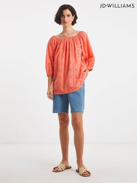 JD Williams Orange Broderie Elasticated Neckline 100% Cotton Top (H44822) | €45