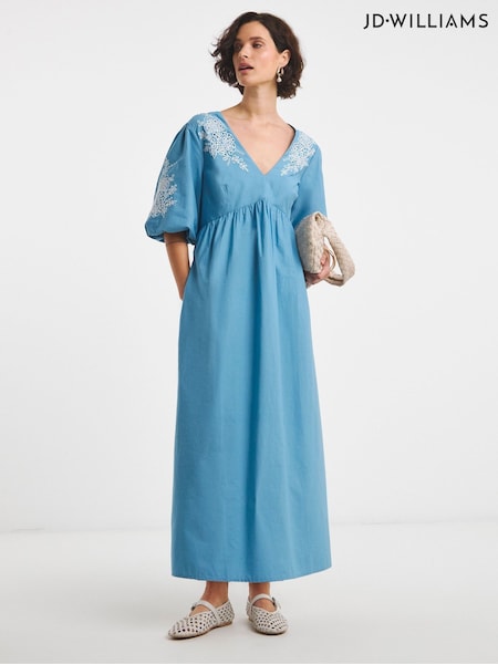 JD Williams Blue Embroidered Puff Sleeve 100% Cotton Dress (H44826) | €83