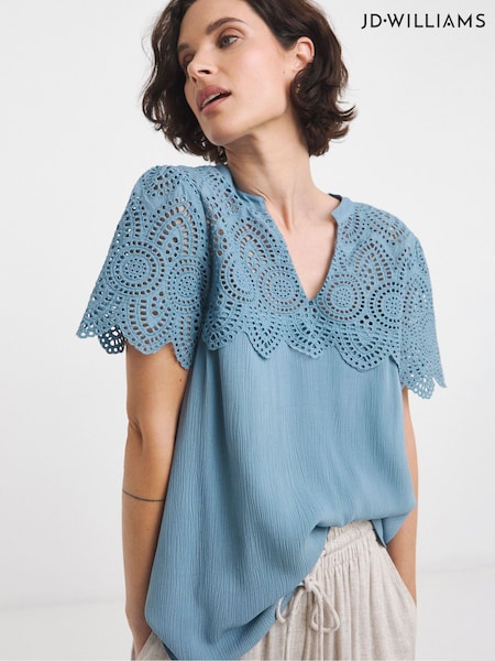 JD Williams Blue Crinkle Broderie Trim Top (H44834) | €45