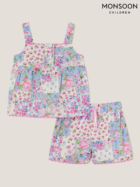 Monsoon Floral Print Patchwork Short 100% Cotton Pyjamas Set (H44855) | 164 LEI - 194 LEI