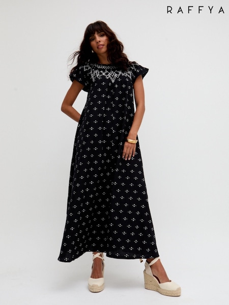 Raffya Black 100% Cotton Willow Embroidered Shirring Jacquard Maxi Dress (H44867) | €133