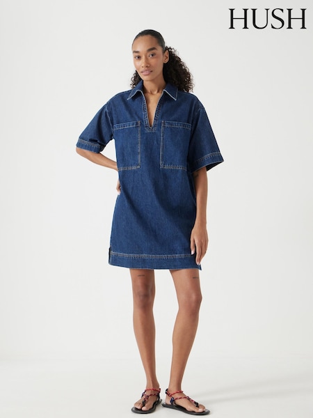 Hush Blue Alma Denim Contrast 100% Cotton T-Shirt Dress (H44906) | €138