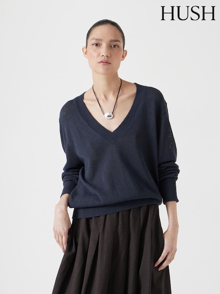 Sininen - Hush Pellava Blend V-kaula-aukko Neulepusero (H44947) | €126