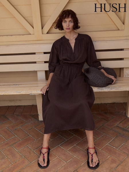 Hush Brown Front Bow Linen Blend Maxi Shirt Dress (H44954) | €172