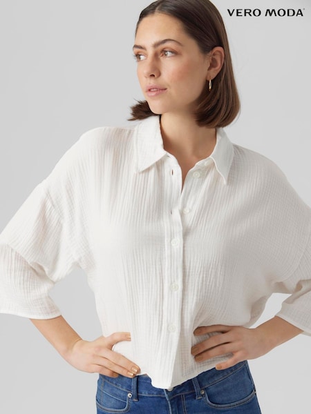 VERO MODA White Textured Cropped 100% Cotton Shirt (H44963) | $45