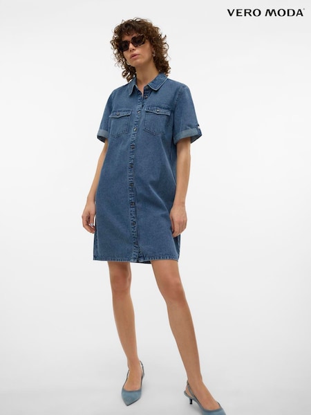 VERO MODA Blue Short Sleeve Button Down Denim Dress (H44970) | €50