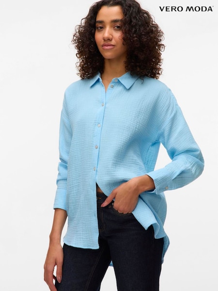 VERO MODA Blue Textured Long Sleeve 100% Cotton Shirt (H44971) | €48