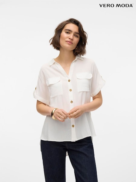 VERO MODA White Short Sleeve Button Through Open Neck Shirt (H45013) | ₪126