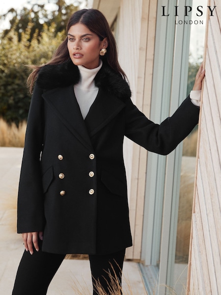 Lipsy Black Petite Dolly Coat with Faux-Fur Collar (H45234) | €115.50