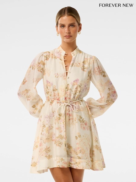 Forever New Cream Rhys Petite Fluted Mini Dress with a touch of Linen (H45252) | €170