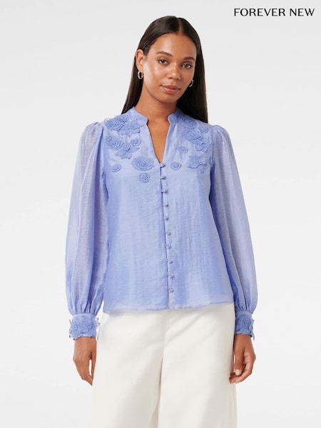 Forever New Blue Applique Blouse With A Touch Of Linen (H45253) | €113
