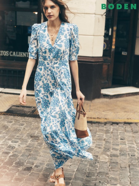 Boden Blue Bella Puff Sleeve Maxi 100% Cotton Dress (H45296) | $220
