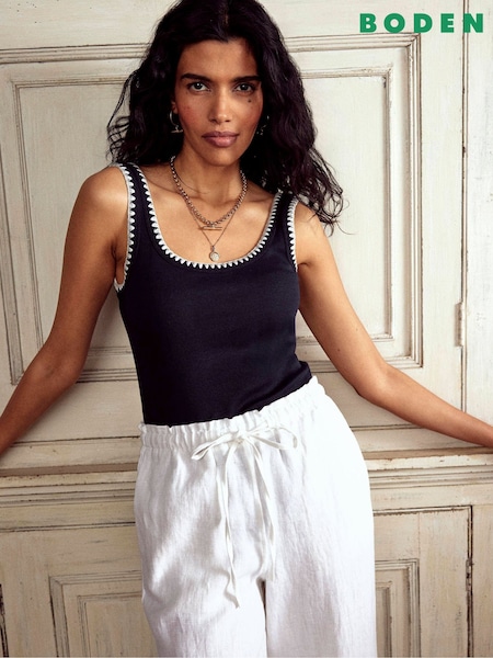 כחול  - Boden 100% Cotton Crochet Trim Scoop Neck Vest (H45311) | ‏181‏₪