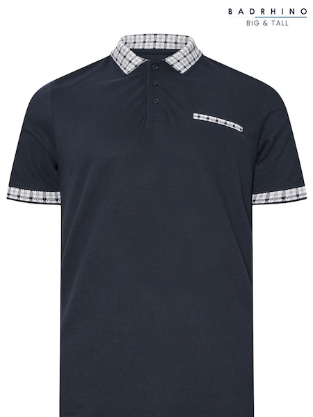 BadRhino Big & Tall Blue Jacquard Checked Collar 100% Cotton Polo Shirt (H45498) | AZN 65